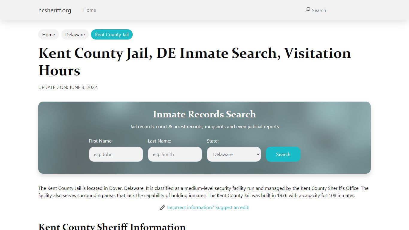 Kent County Jail, DE Inmate Search, Visitation Hours